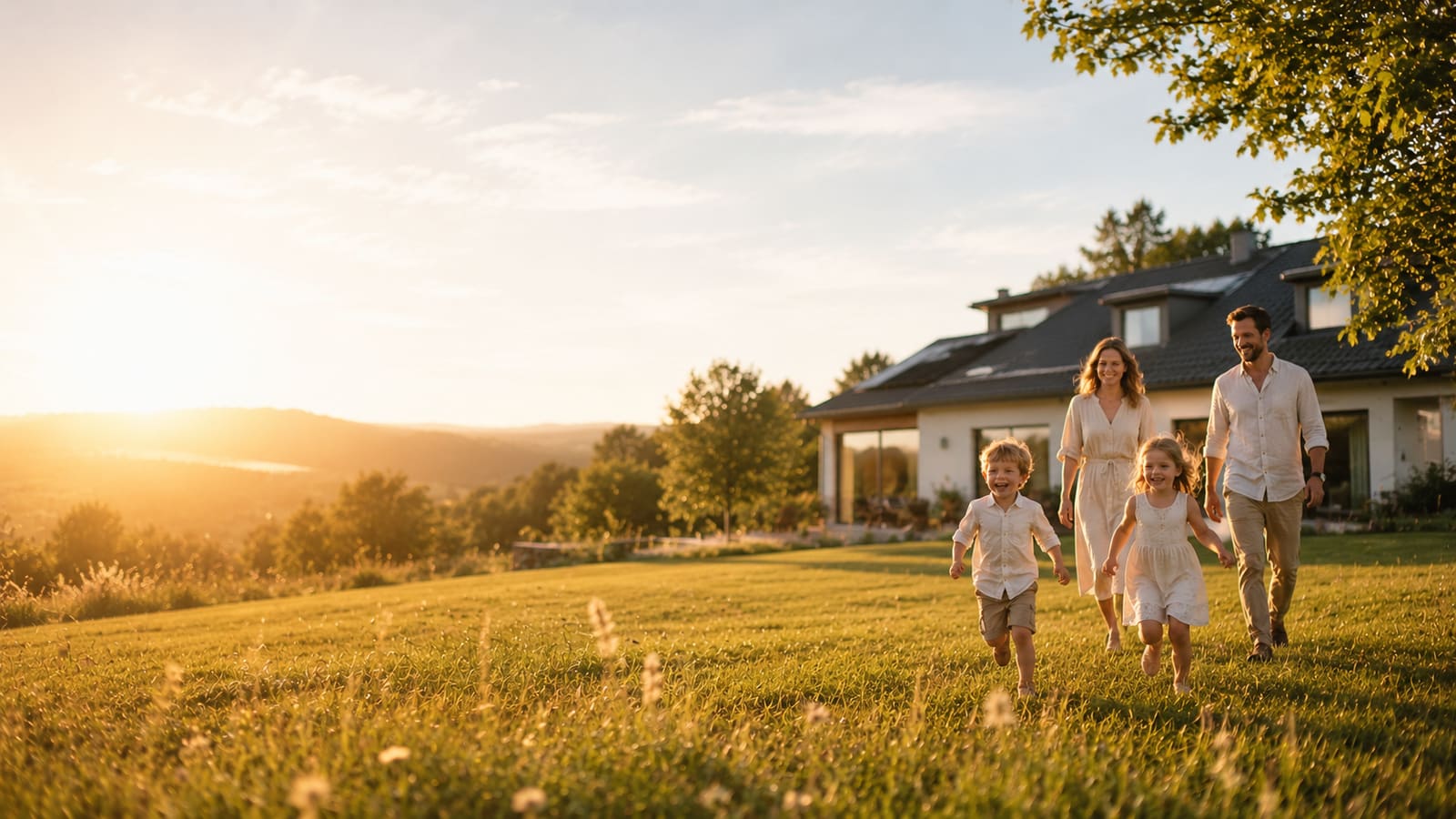 Familie in der goldenen Abendsonne — Finanzberatung für jede Lebensphase
